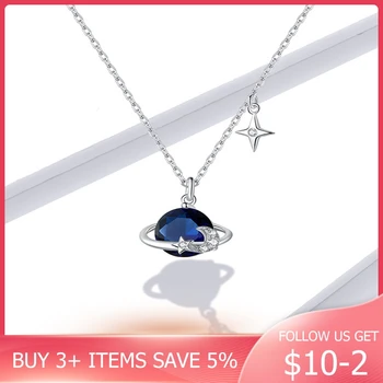 

New 925 Sterling Silver Blue Planet Pendant Necklace for Women Stars Design Engagement Statement Jewelry Colllar CMN166