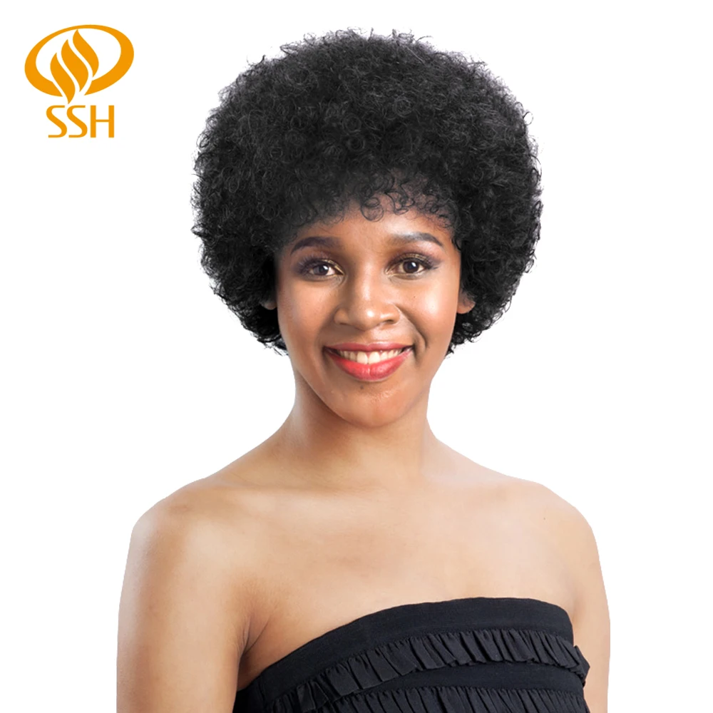 Короткие кудрявые вьющиеся человеческие волосы парики природа черный парик для черных женщин с взрыва
