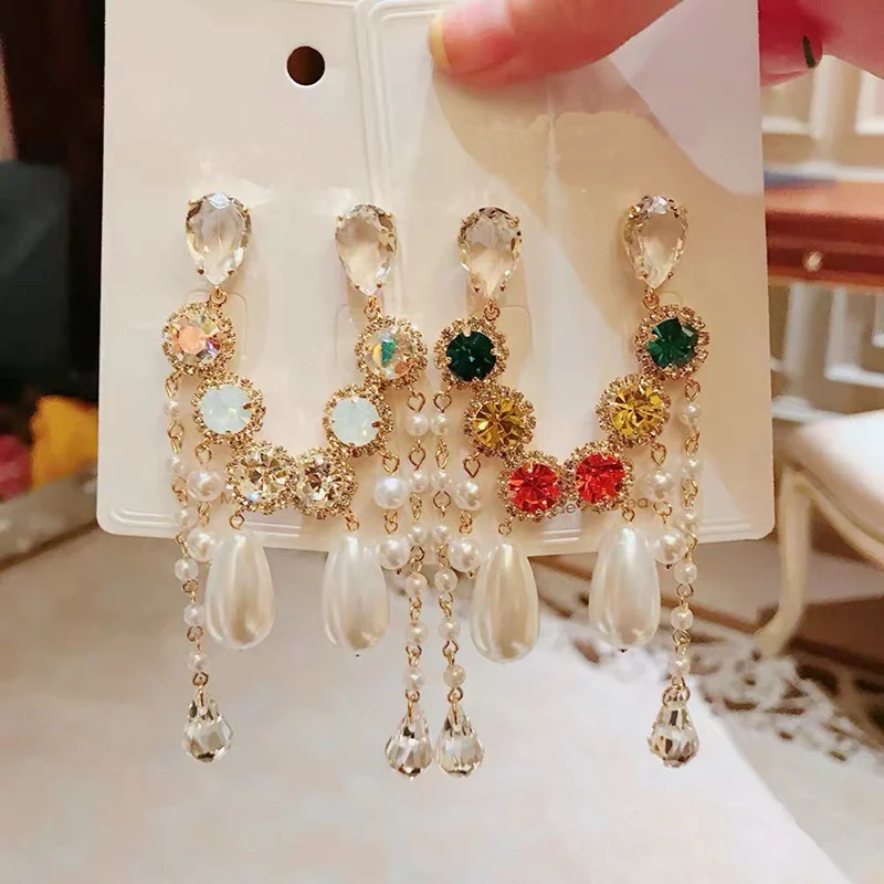 MENGJIQIAO корейский, асимметричный, блестящие красочные серьги с кисточками и кристаллами для женщин девушек Элегантный Искусственный жемчуг Oorbellen ювелирные изделия