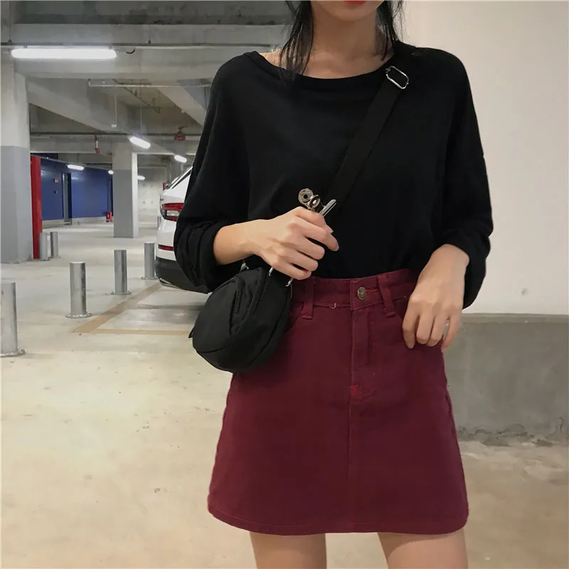 Юбки женские бордовые плотная мини-юбка корейский стиль Новые Модные женские джинсовые с высокой талией удобные студенческие Harajuku досуг