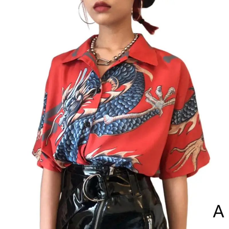 

1pc Lapeled Dragon Print Short Sleeve Blouse Button Down Shirt For Women Ladies Tops And Blouse High Street Femele Blouse
