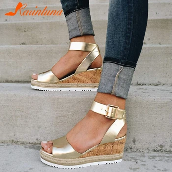 

Karinluna 2020 Straw Platform High heels leisure Plus size 43 summer shoes Woman Wedges Sandals
