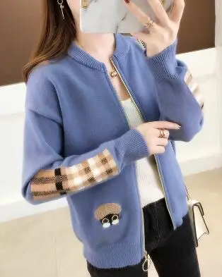 blue Весенний мультяшный жаккардовый свитер, пальто, женский корейский короткий свитер, кардиган, женские свободные свитера с круглым вырезом, Q226 - Цвет: blue