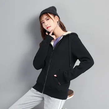 

2020 NEW Lamb velvet hooded sweater female autumn and winter large size student solid color warm cotton coat plus velvet