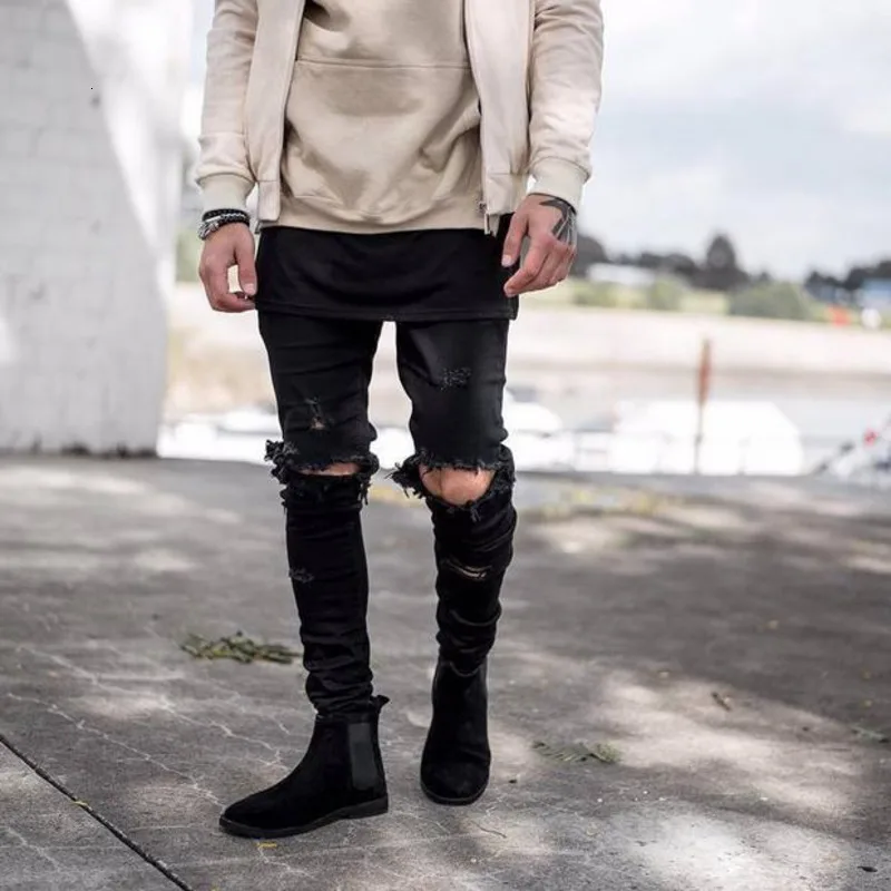 EWQ New Arrival Spring Summer Men Hole Long Slim Denim Pants Straight Solid Trousers For Male Zipper Jeans Pants HD566