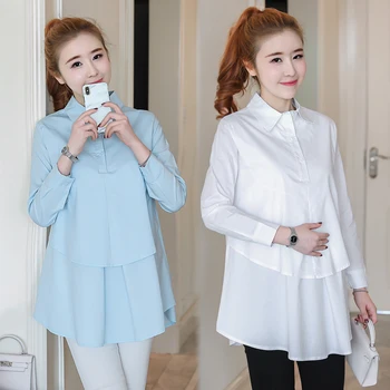 

1801A# Long Sleeve Cotton Maternity Blouses A Line Loose Patchwork Shirt Clothes for Pregnant Women Autumn OL Pregnancy Tops