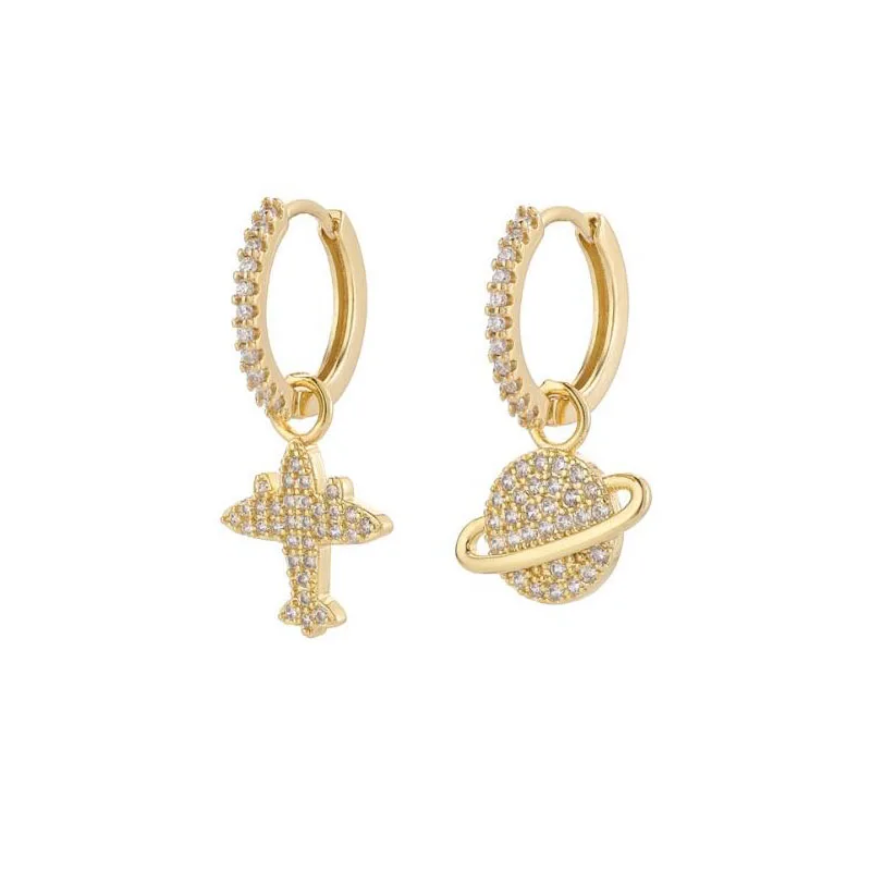 

Micro Cubic Zircon Aircraft Saturn Asymmetric Hoop Earring Gold Color Simple Ear Jewelry For Girls