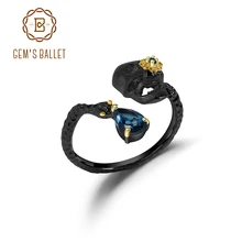 GEM'S балетное 925 пробы Серебряное Открытое кольцо ручной работы 0.84Ct натуральный Лондон Голубой топаз череп из драгоценных камней кольцо для женщин хорошее ювелирное изделие