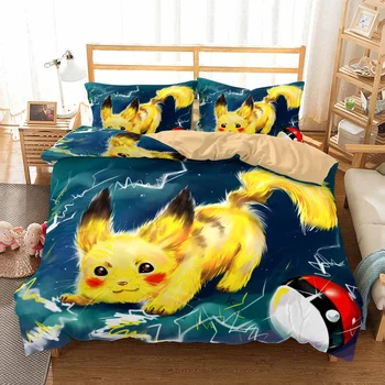 

Pikachu Anime Duvet Cover Set Twin Full Queen King Bed Linen Set Janpanese Game Character Cartoon Bedding Set 3PCS for Kids