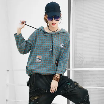 

Fashion Plaid Hooded Collar Patchwork Top Casual Loose Long Sleeve Pullover Shirt Tops Blouse 2020 Spring New Tide