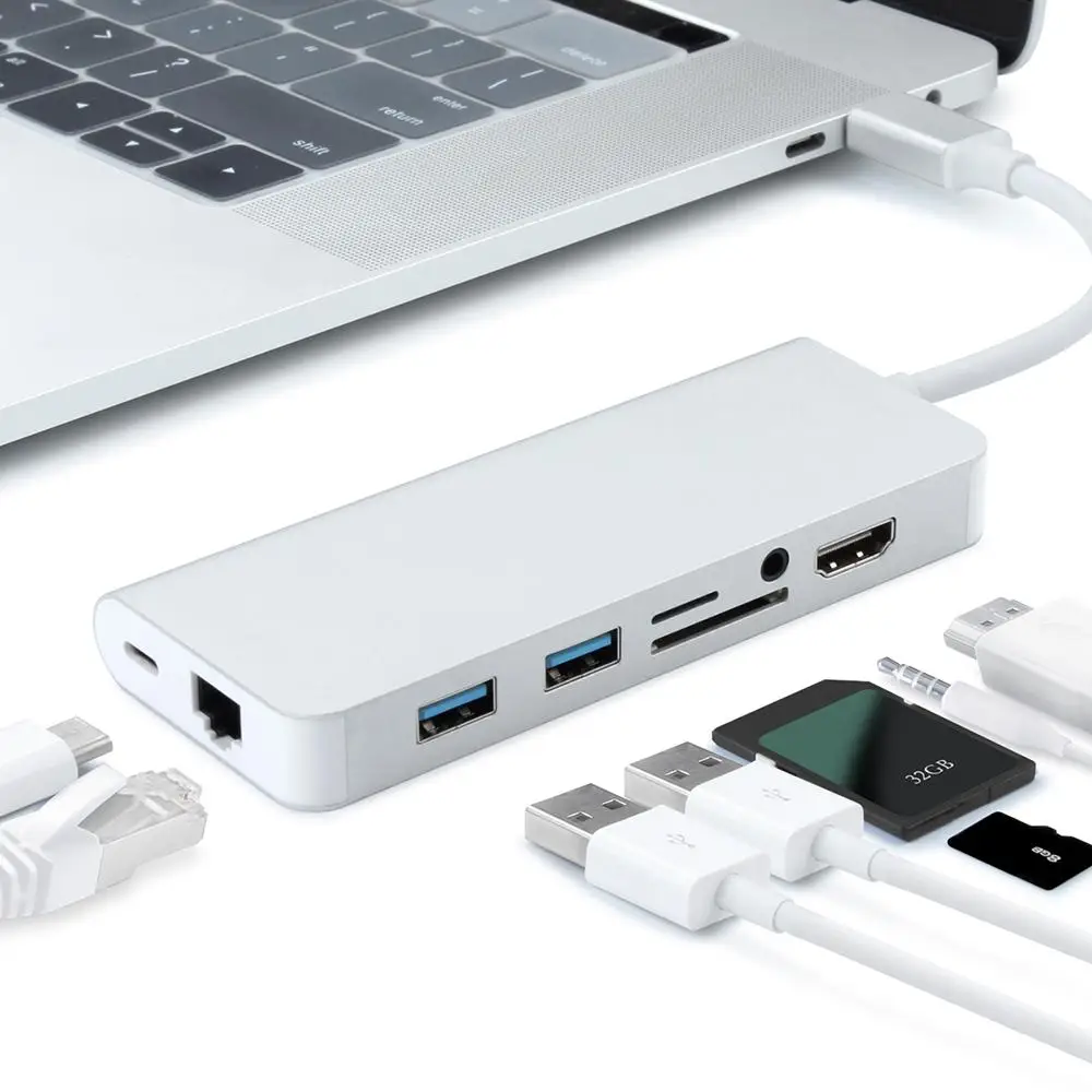 Концентратор с разъемами типа C HDMI аудиовыход 3 5 мм Micro SD TF-карта RJ45 гигабитный