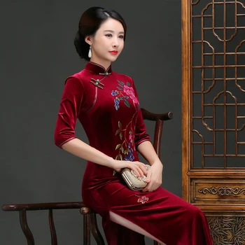 

Cheongsam Evening Dress For Female Sexy Mandarin Collar Velvet Gown Embroidery Flower New Vintage Women Chinese Modern Qipao