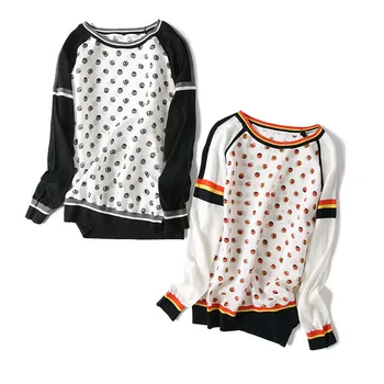 

New women's clothing Europe high-end boutique color printed silk spell hit even shoulder sleeve knit