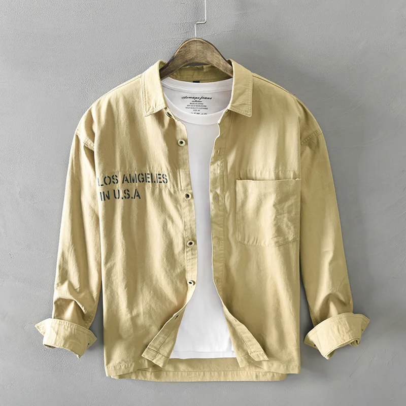 

Korean Letter Printed Khaki Men Shirts 2020 Autumn Man Long Sleeve Solid Color Fashion Casual Male Tops Blouse Y3431