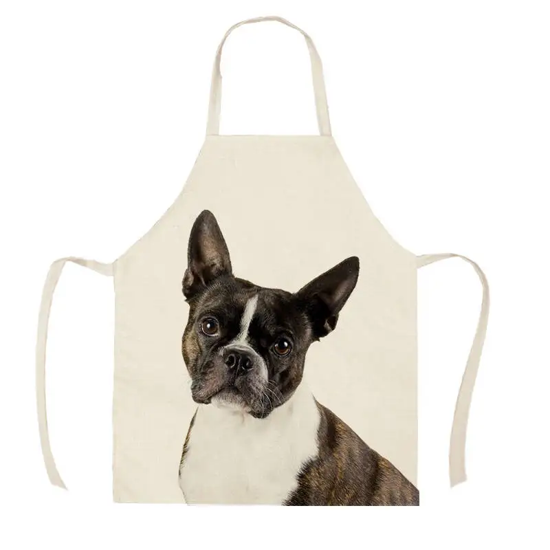 1Pc Kitchen Apron Sketch Wearing Pug Pet Dog Cat Printed Sleeveless Cotton Linen Aprons for Men Women Home Cleaning Tools WQ456