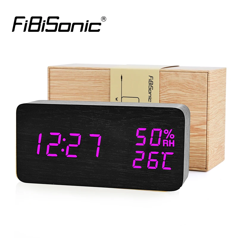 FiBiSonic Modern Digital LED Alarm Clock Sound Control Wooden