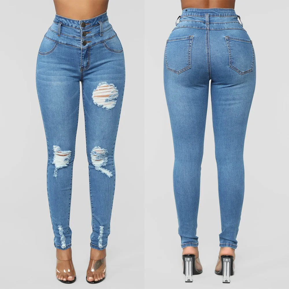 

Womens High Waist Stretchy Denim Ripped Hole Jeans Ladies Skinny Jeggings Basic Trousers Slim Pants Lot Pencil Casual Fashion
