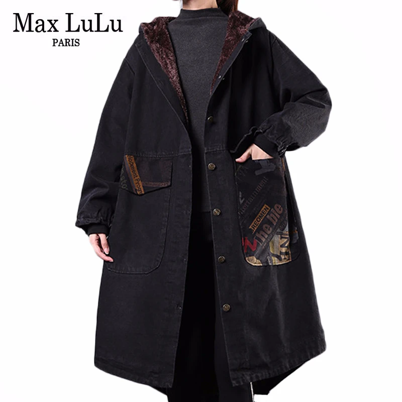 Max LuLu, корейская мода, женские теплые длинные парки, женские зимние куртки с капюшоном, стеганые пальто, винтажная джинсовая одежда размера плюс