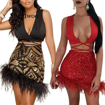 

Sequined Knit Two Piece Set with Ostrich feather Sexy Nightclub Skirt Set V Neck Short Top and Skirt Sequin Set Women Outfits