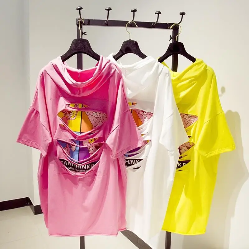 

Pure Cotton 2020 Summer New Fashion Hole Back Short Sleeve Pullovers Women's Hooded Hoodie Tops Chic Hip Hop