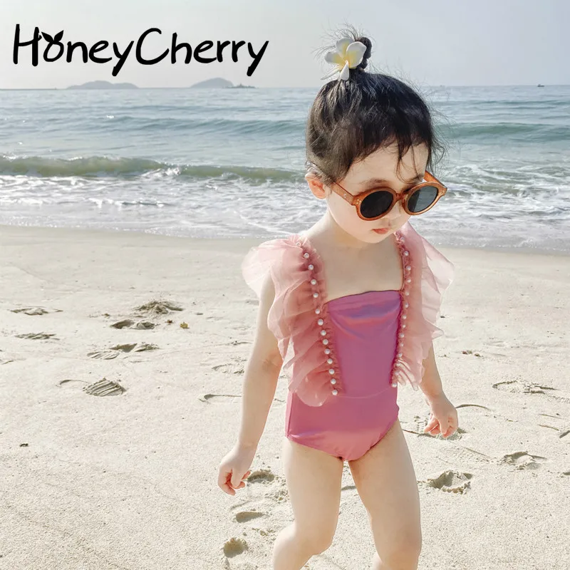 Новинка 2020 милое бикини детский купальник с розовыми жемчужинами купальный