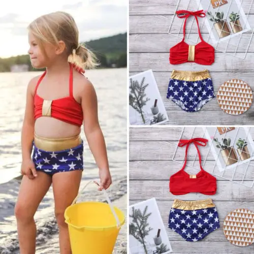 

2PCS Summer Baby Girl Swimsuit Halter Backless Swimwear Star Toddler Bikini Set High Waist Bathing Suit Bandeau Girl Beachwear