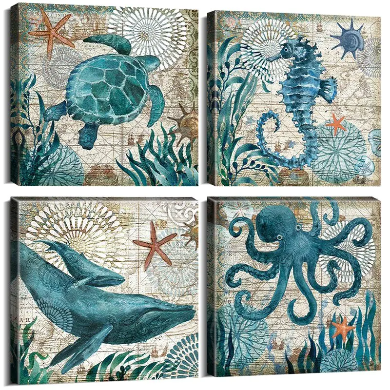 Home Wall Art Deco-Marine Themed Mediterranean Style Canvas with Frame Sea Animal Octopus Sea Turtle Seahorse Whale Picture Post