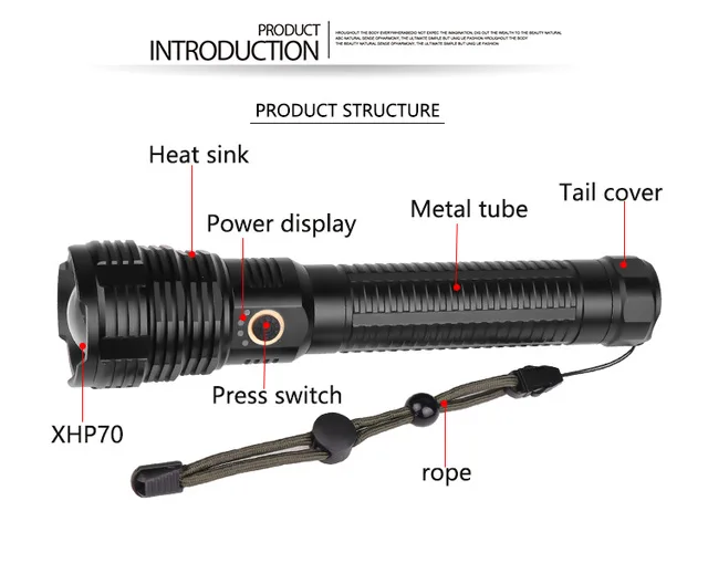 Супер яркий светодиодный светильник-вспышка, фонарь с зумом XHP70, Тактический водонепроницаемый светильник, лучший для рыбалки, охоты, светильник с батареей 18650 26650