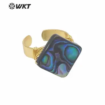 

WT-MPR007 WKT bohemian gold electroplated hand make wire wrapped square abalone shell ring fashion women vintage shell ring