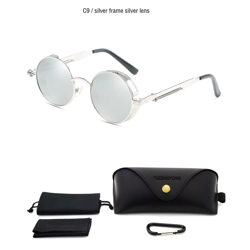 T8028 C9 Black case Винтажные поляризационные солнцезащитные очки, для мужчин и женщин, круглые очки в металлической оправе в стиле стимпанк, дизайнерские очки со степенью защиты UV400 - Цвет линз: T8028 C9 Black case