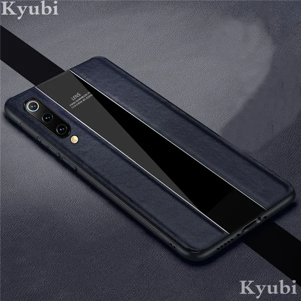 Чехол для Xiaomi Mi 9 из натуральной кожи с оргстеклом, гибридный роскошный защитный чехол на заднюю панель для Xiaomi Mi 9, чехол etui - Цвет: Blue