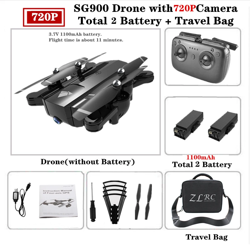 2MP-1100-Bag2 Радиоуправляемый Дрон SG900 с 720P 4K HD Двойная камера складной следящий за мной Квадрокоптер FPV Профессиональный беспилотник долгий срок службы батареи игрушка для детей - Цвет: 2MP-1100-Bag2