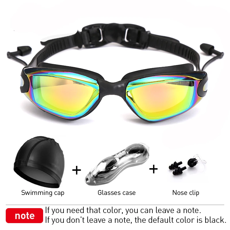 Плавательные очки набор беруши крышка водонепроницаемый HD анти-туман Анти-УФ тяга Пряжка взрослые силиконовые очки гальванизированные профессиональные - Цвет: Черный