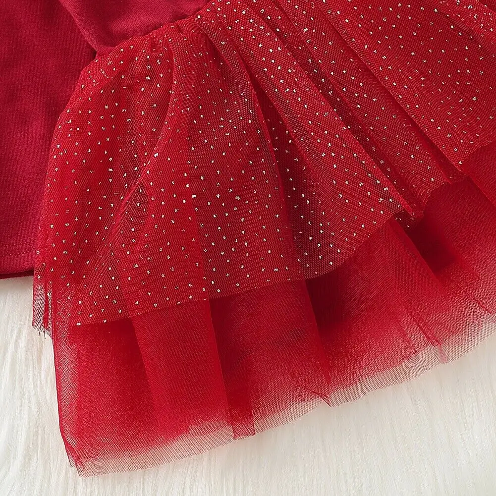 Осенняя Рождественская одежда для маленьких девочек кружевное красное осеннее праздничное платье-пачка с длинными рукавами