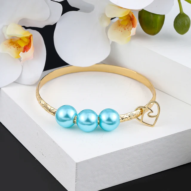 Hawaiian Women's Hand Bangle Bracelets Love Heart Purple Pink Pearl Gold Wedding Charm Bracelet Bangles Jewelry for Women 2021 SL2170GOBE
