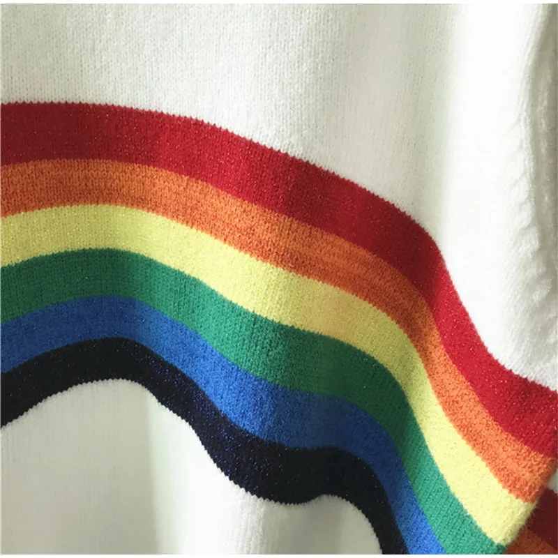 Rainbow Strips Sweater Women O-neck White Pullover Casual Ribbed Sweaters Female Autumn Knitwear Bright Silk Lady Pullovers