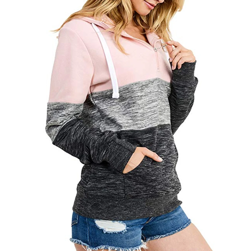 OEAK Womens Long Sleeve Winter Hooded Hoodies Zip Up Color Patchwork Tops Casual Loose Sweatshirt with Pocket Plus Size