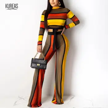 

Kureas African Clothes Women Two pieces Set Long Sleeve Tops and Pants Suit Fashion Stripe Print 2pcs Outfit for Autumn