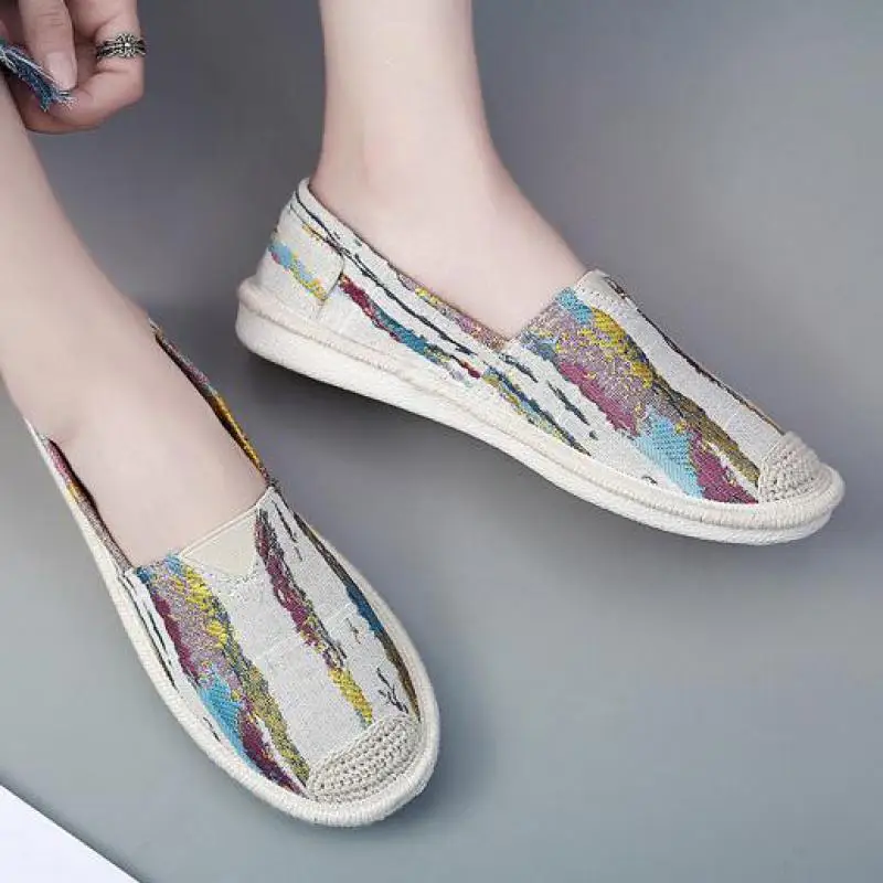 

Spring Woman Espadrilles Striped Canvas Shoes Round Toe Flat Loafers Breathable Comfortable Slip On Casual Flats Ballerina Shoes