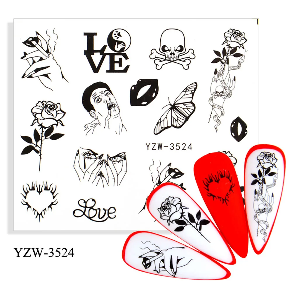 Big Patten Words Nail Stickers For Nails Flower Nail Art Sticker Geometric Black Transfer And Decals Leaf Watermark Nails Decal Nail Stickers