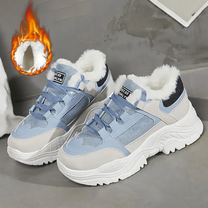 Blue fur Женские кроссовки; удобная обувь на платформе; женские кроссовки; женская повседневная обувь; теплая зимняя обувь с Плюшевым Мехом; женские ботинки на шнуровке - Цвет: Blue fur