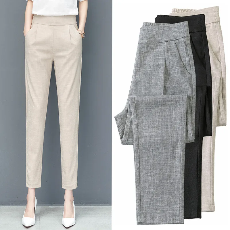 Брюки женские хлопково-льняные прямые до щиколотки модные повседневные