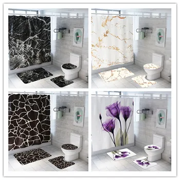 

Marble Print Shower Curtain 4 Piece Carpet Cover Toilet Cover Bath Mat Pad Set Bathroom Curtain with 12 Hooks
