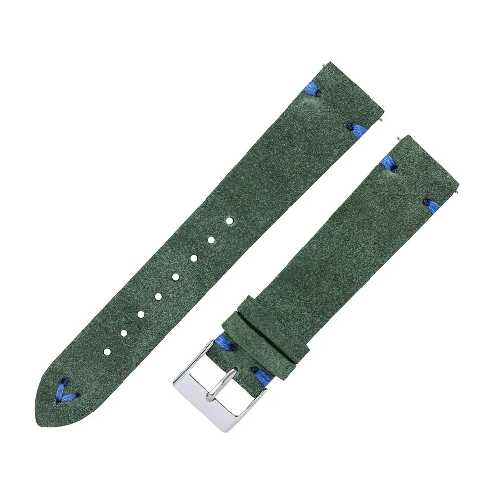 Luxurious Hand-Stitched Suede Leather Watch Straps in Beige, Green, and Blue with Quick Release