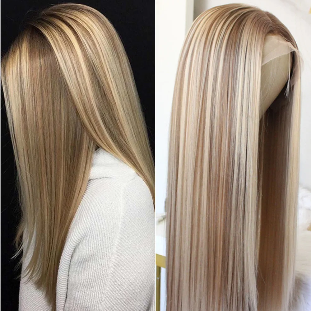 Wyróżnij brązowy koronkowa peruka na przód długie proste syntetyczna koronka peruki dla kobiet środkowa część wyróżnij blond T część bezklejowa peruka typu Lace