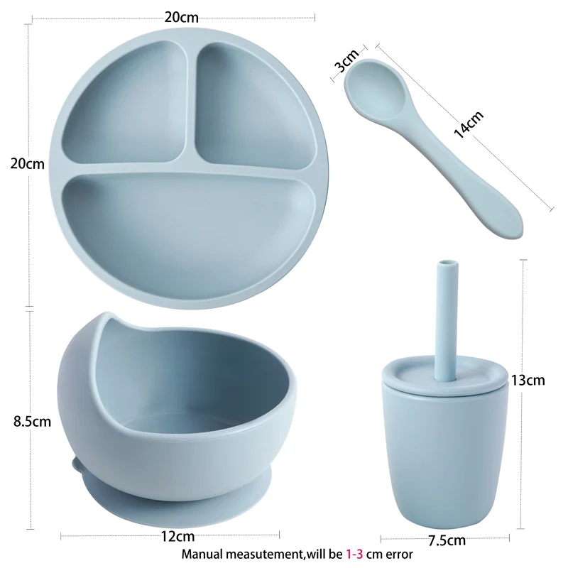 Bpa Free Children's Tableware Fashionable Soft Silicone Food Plates Easy To Clean Washing Up Straw Cup Spoons Cute Gadget