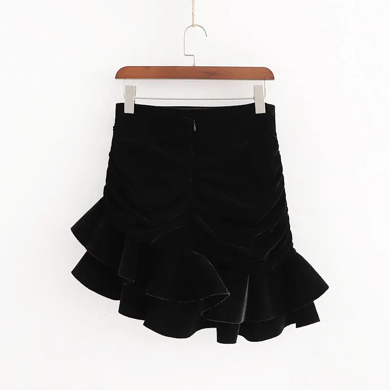 Женская бархатная юбка с высокой талией асимметричная женская короткая оборками