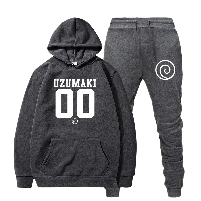 Harajuku аниме Наруто Uzumaki Uchiha толстовки Толстовка спортивные костюмы для женщин мужчин костюм пуловер комплект из двух предметов спортивный костюм - Цвет: gray2  UZ