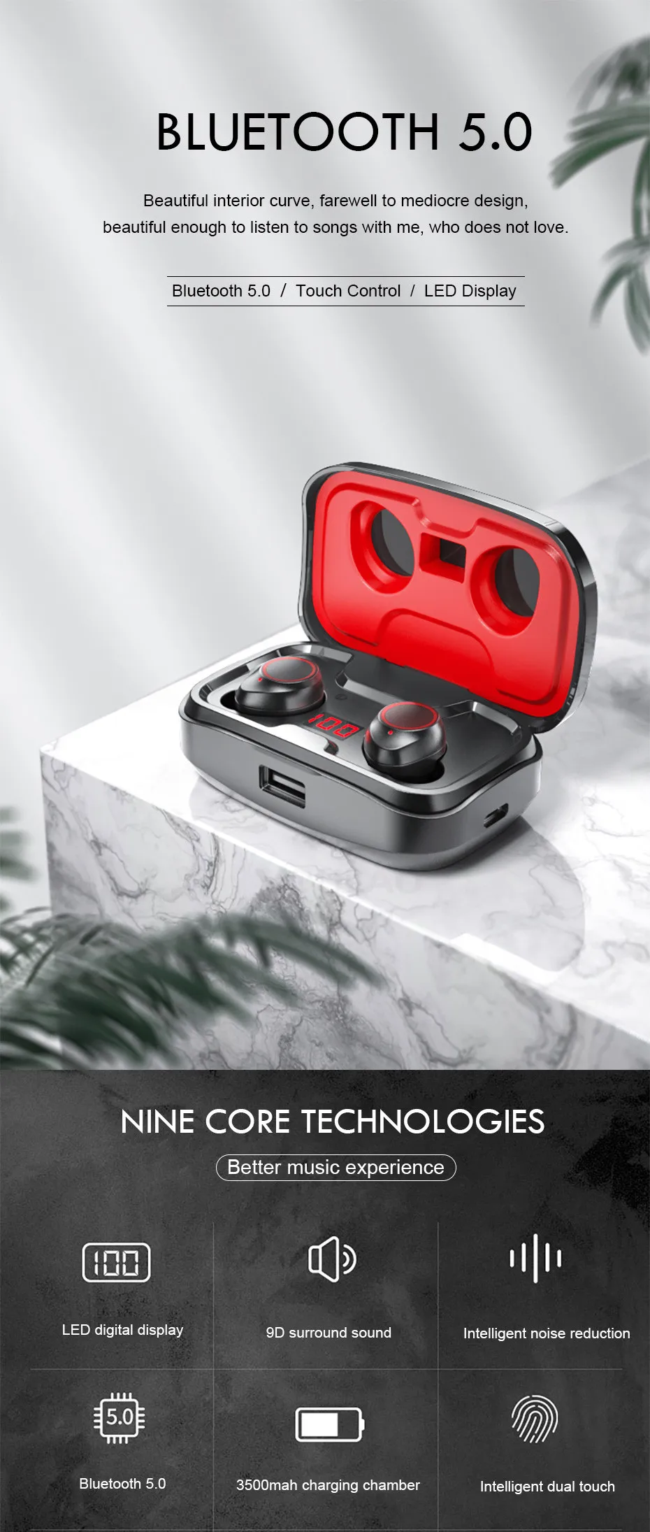 Bluetooth 5.0 Earphones IPX7 Waterproof Wireless Bluetooth Headphones Touch Control Sport Stereo Earbuds Headset With microphone