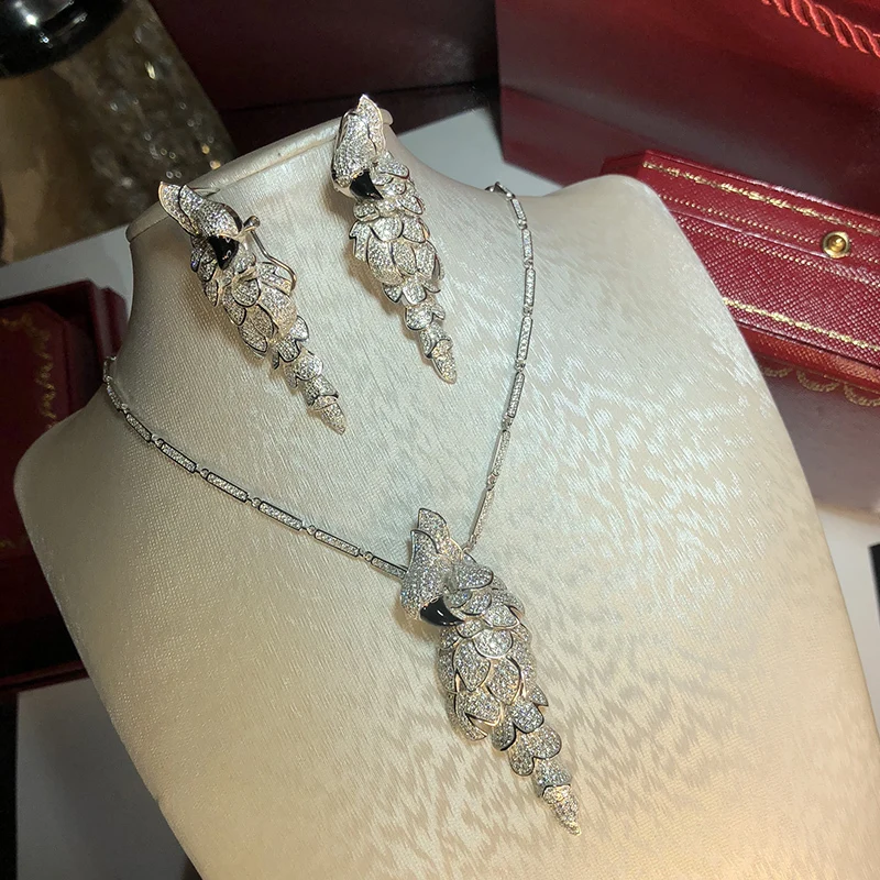 

Hot Brand Fine Pure Solid 925 Sterling Silver Jewelry For Women Parrot Bird Jewelry Set Big Design Banquet Neckacle Earrings Set